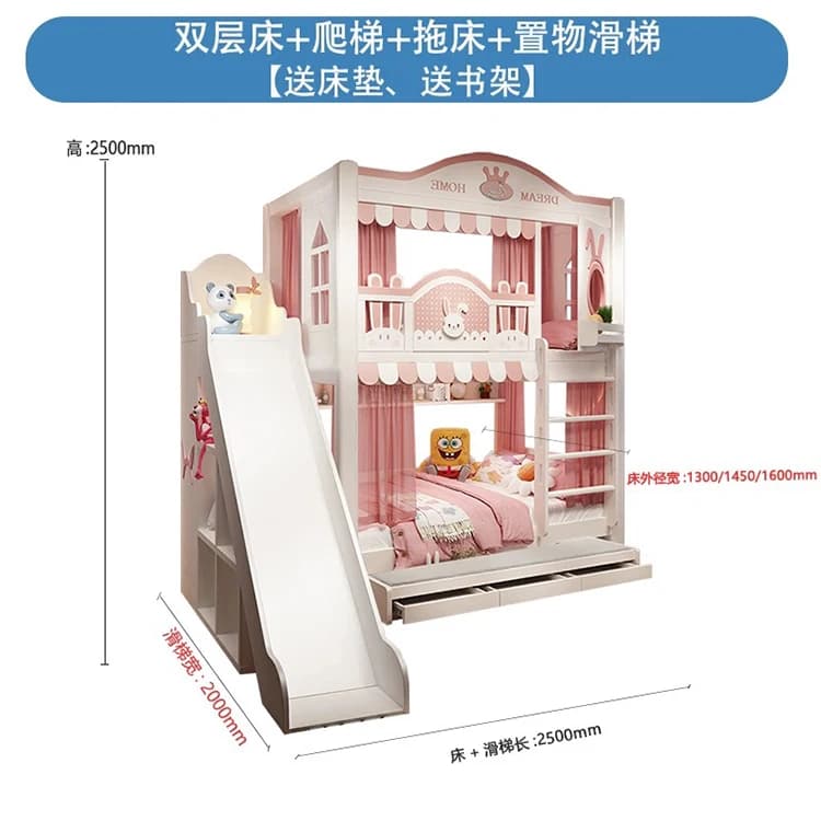 lit enfant superposé avec toboggan rose